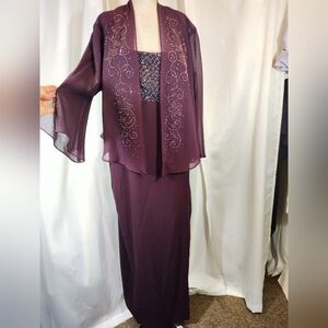 2 Pc: R&M Richards Maxi Dress+ Sweater+ See Thru Sweater-Purple, Beads, USA 18